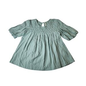 Anthropologie Smocked Linen Blend Top S Green Boho Cottagecore Coastal Grandma